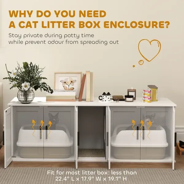 Cat Litter Box Enclosure With Double Room, Scratching Mat For 2 Cats