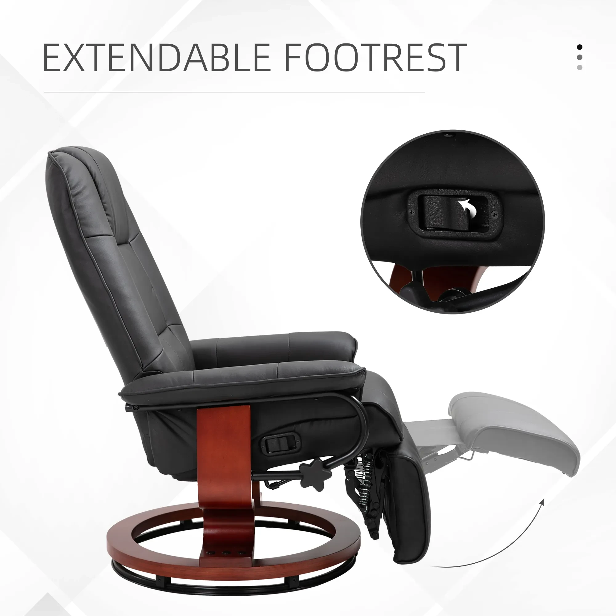 Living Room Relaxation Black Faux Leather Swivel Recliner With Adjustable Footrest