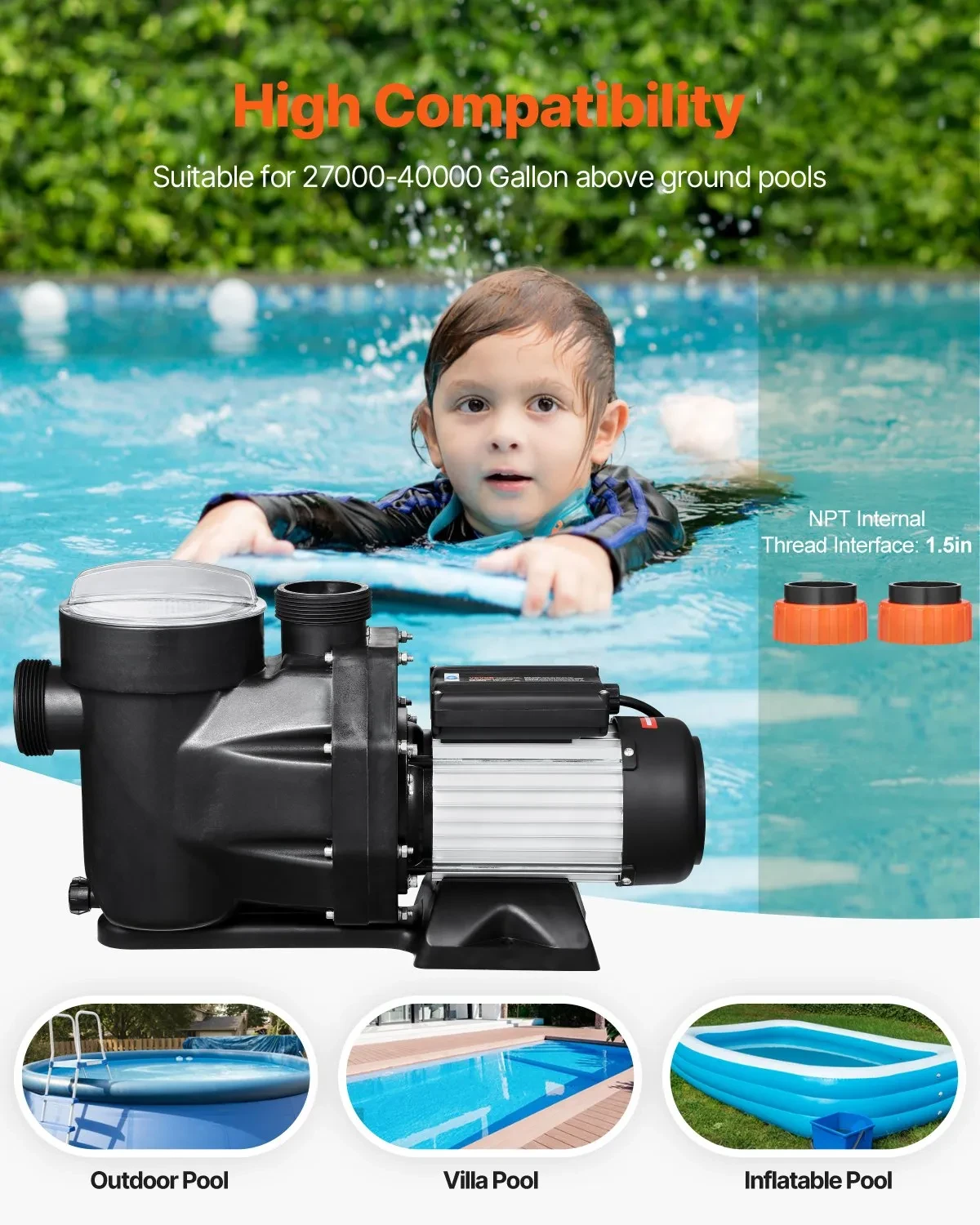 2.5HP Above Ground Swimming PoolPump Single Speed 148 GPM 3450 RPM 220V