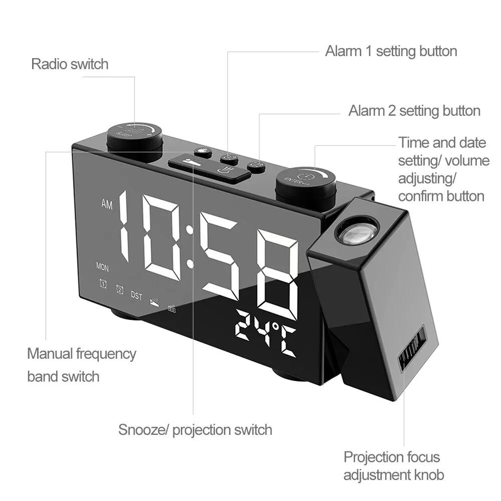 FM Radio Projection Alarm Clock With Digital Display USB Charging Electronic Clock With Temperature Display
