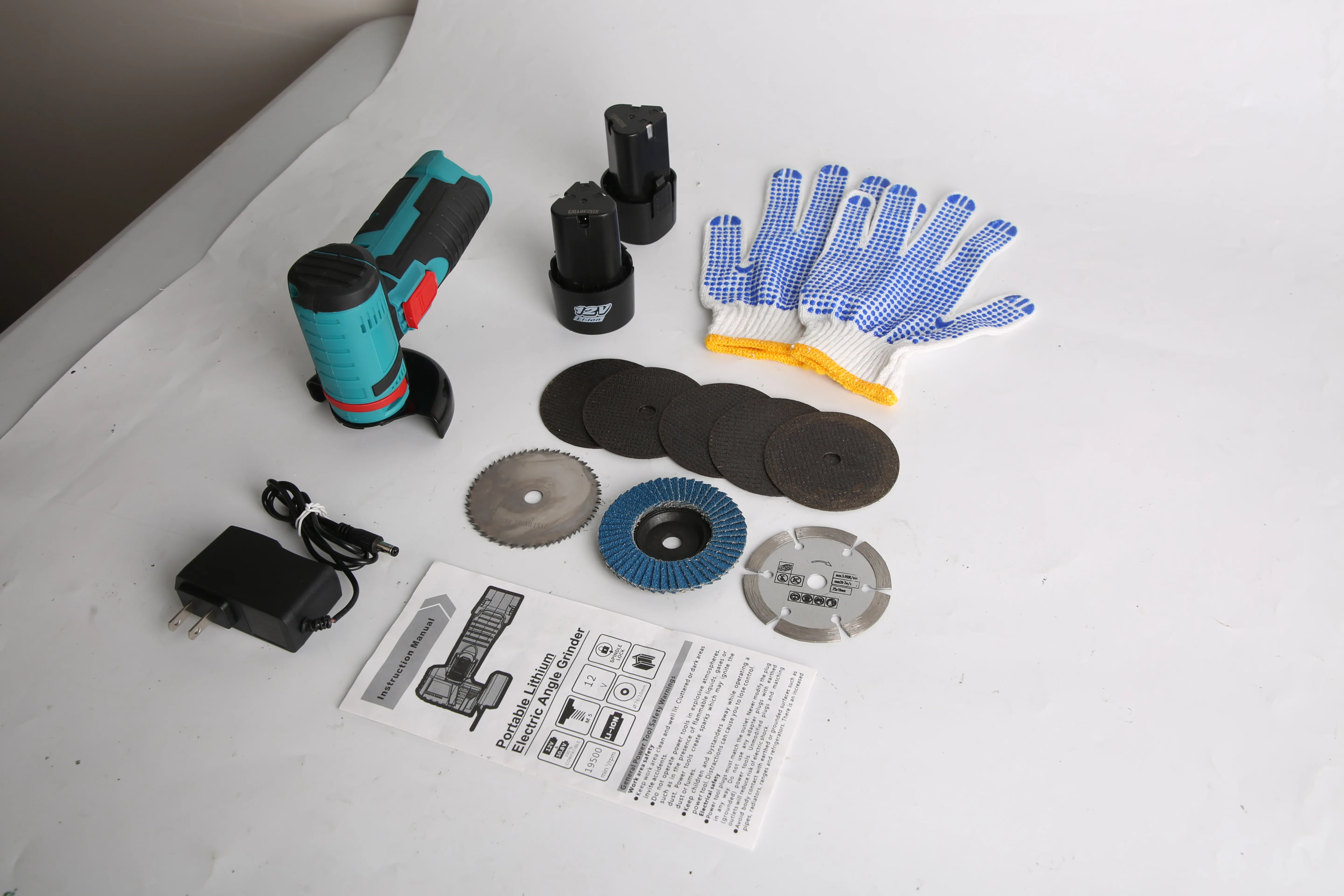 1Set 12V Cordless Mini Angle Grinder Hand Polishing Grinding Machine Cordless Cutter Grinding Tool With 7Pcs Disc 2Pcs 1100mAh Batteries And Charger Hex Key
