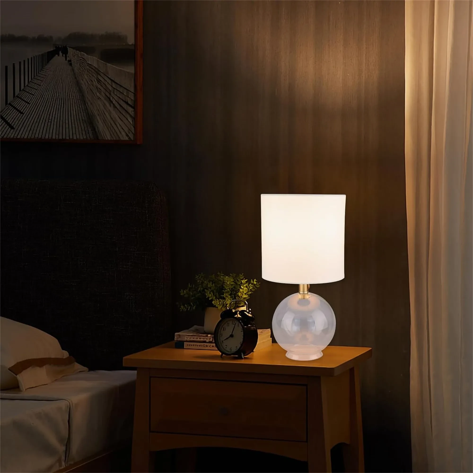 Small Table Lamp For Bedroom Glass Bedside Lamps For Nightstand, Minimalist Night Stand Light Desk Lamp With Cylindric Fabric Shade