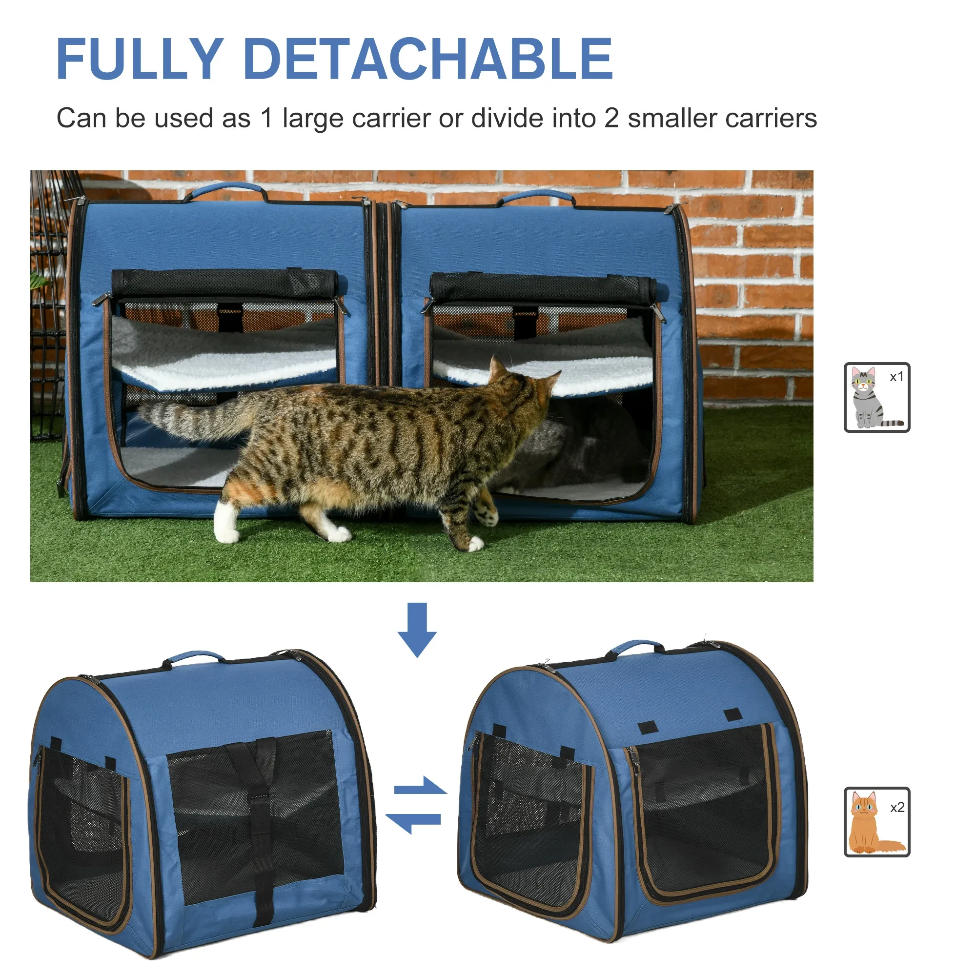 Portable Twin Compartment Show House Cat Cage 39 Soft-Sided Pet Kennel With Soft Cushions Storage Bag Blue