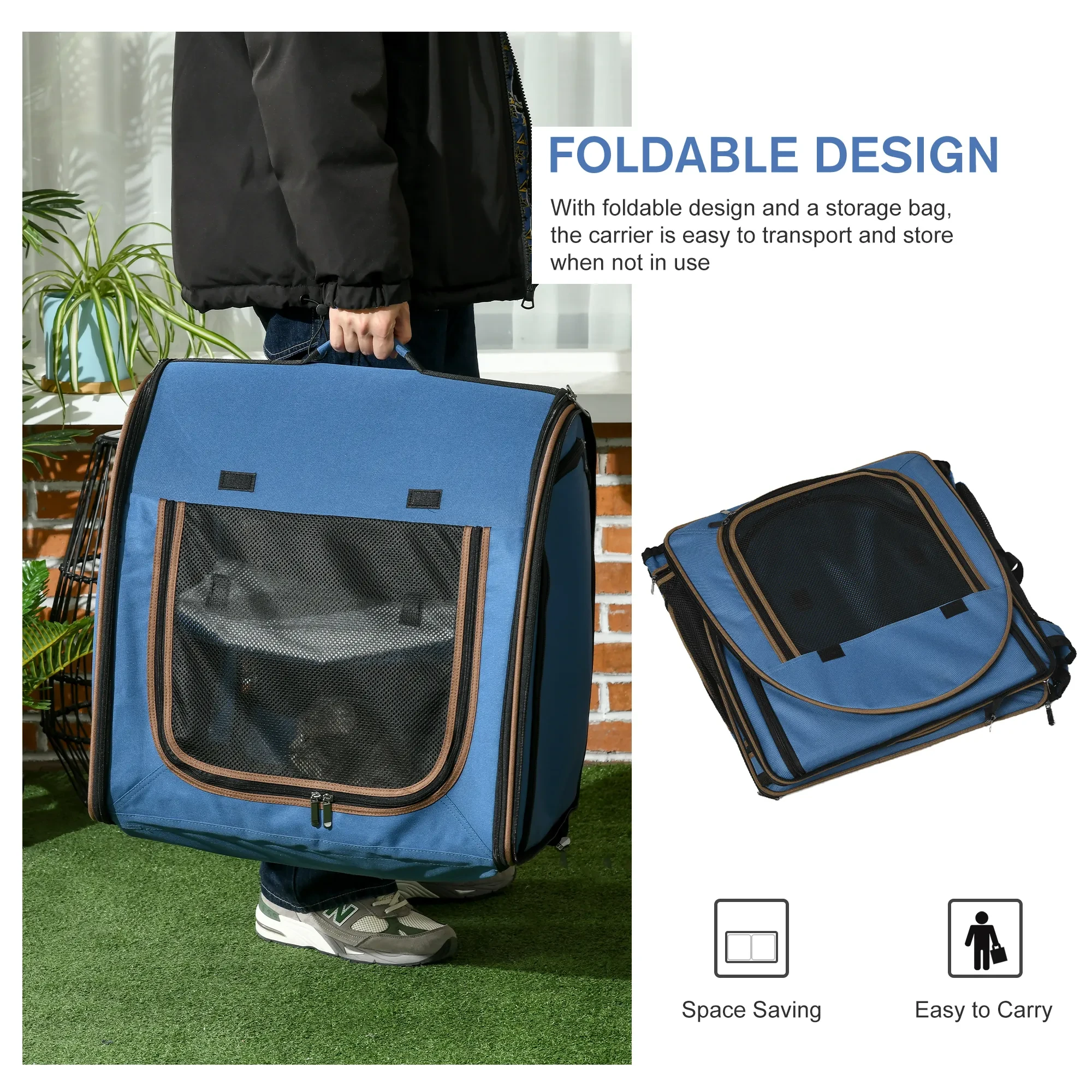 Portable Twin Compartment Show House Cat Cage 39 Soft-Sided Pet Kennel With Soft Cushions Storage Bag Blue