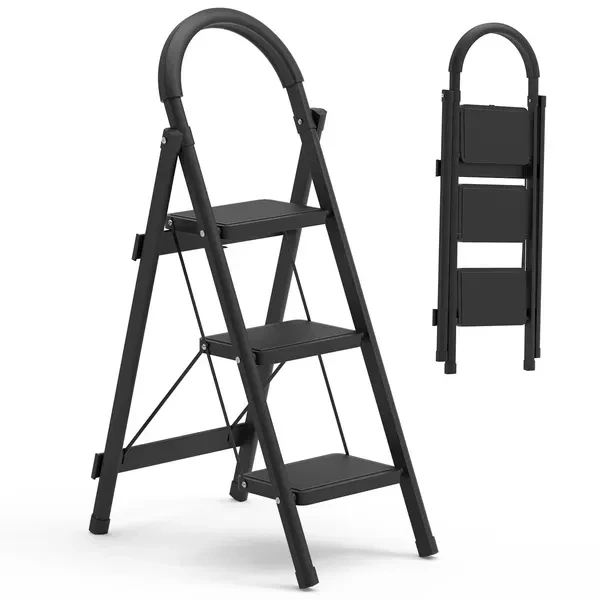 3-Step Foldable Ladder With Wide Anti-Slip Pedal Safety Locking Design Soft Handgrip Portable Lightweight Folding Step Stool 330LBS Load Capacity For Household Kitchen Office