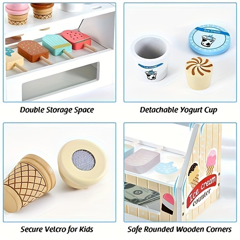 GENAI Ice Cream Counter Playset for Kids Wooden Pretend Play Ice Cream Shop Fun