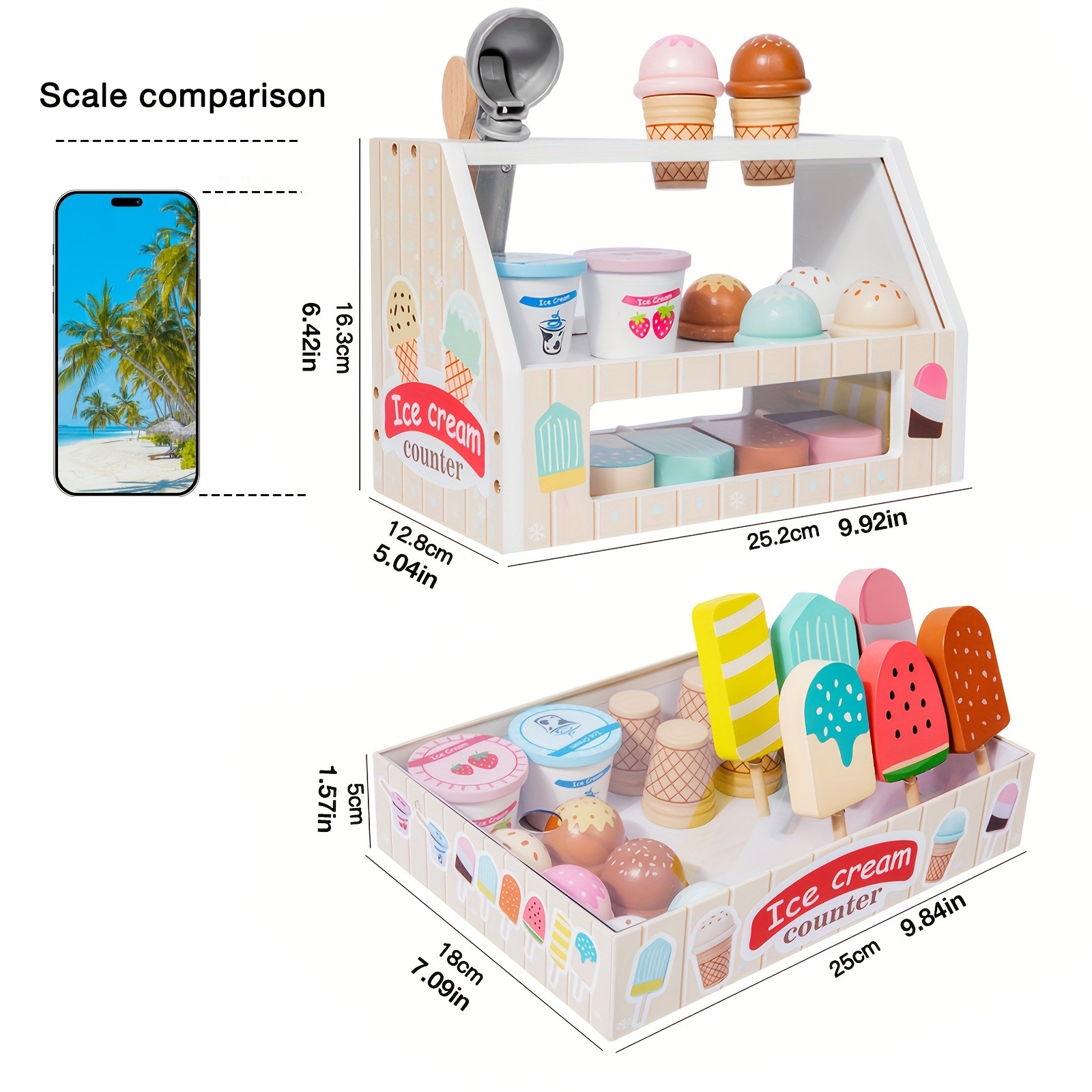 GENAI Ice Cream Counter Playset for Kids Wooden Pretend Play Ice Cream Shop Fun