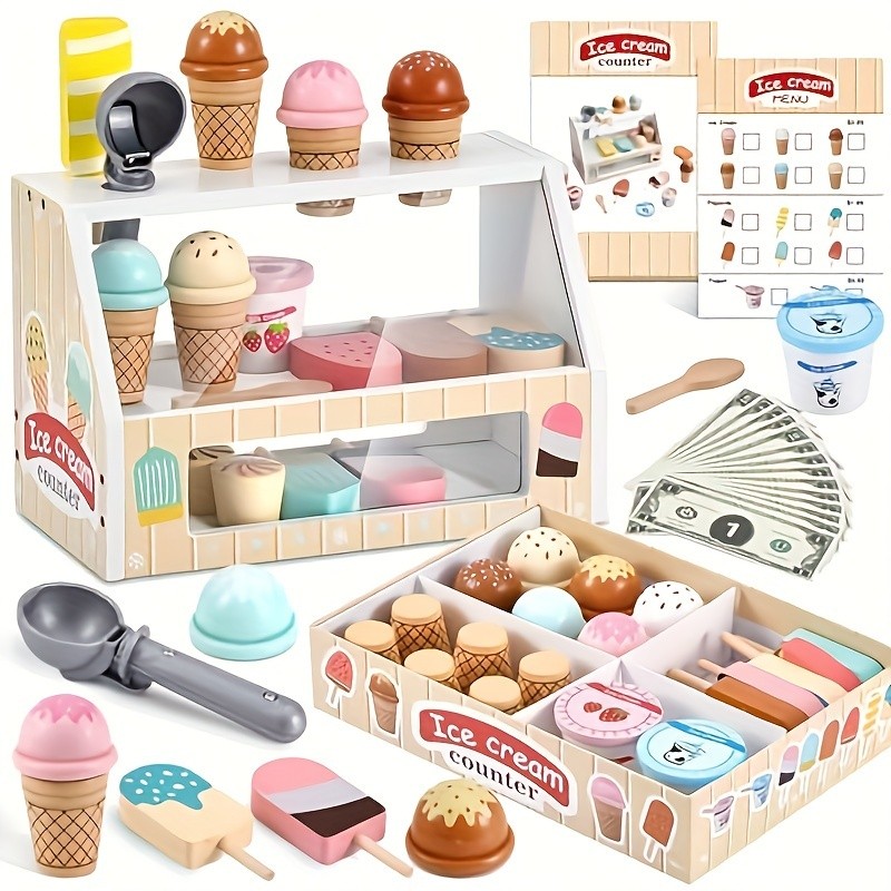 GENAI Ice Cream Counter Playset for Kids Wooden Pretend Play Ice Cream Shop Fun