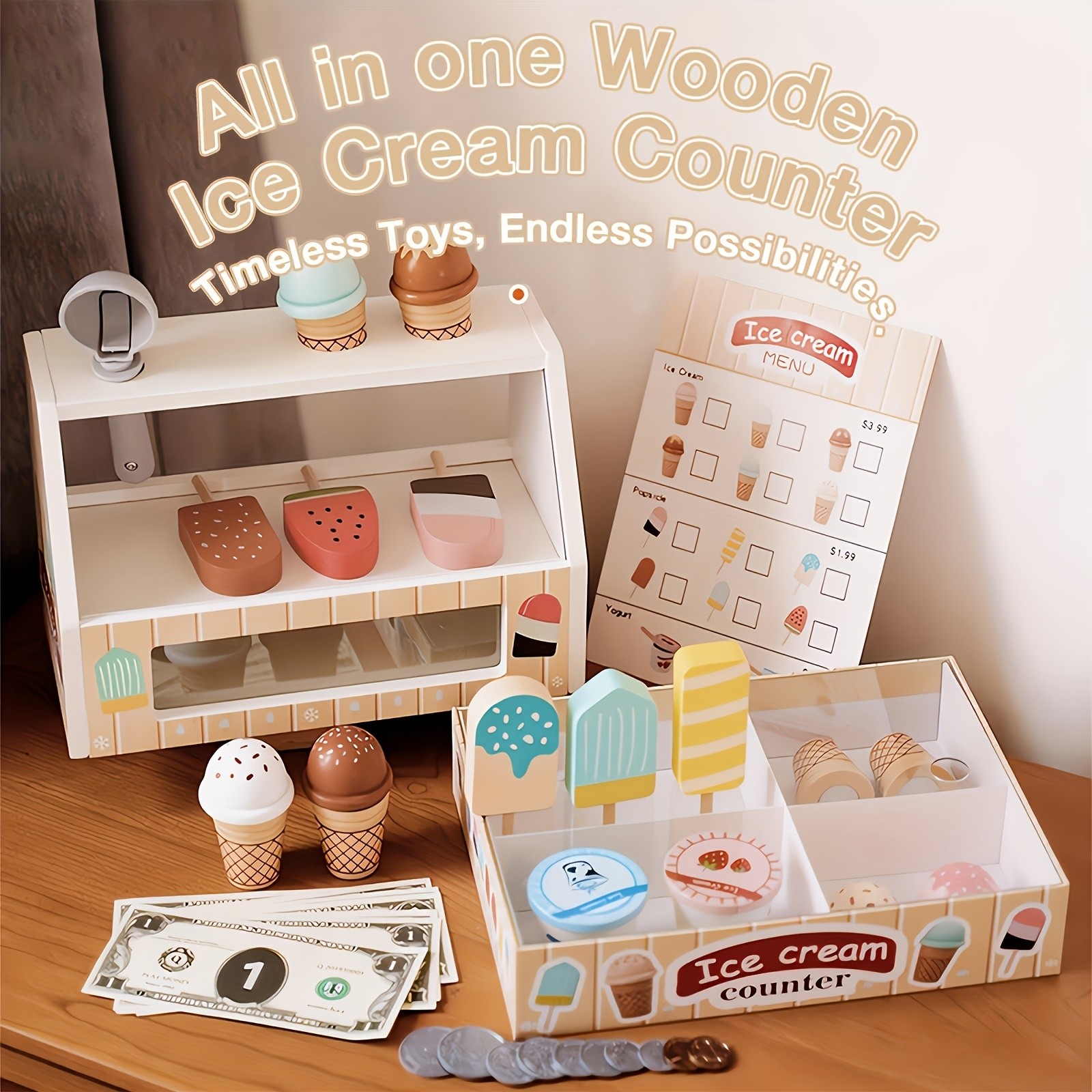 GENAI Ice Cream Counter Playset for Kids Wooden Pretend Play Ice Cream Shop Fun