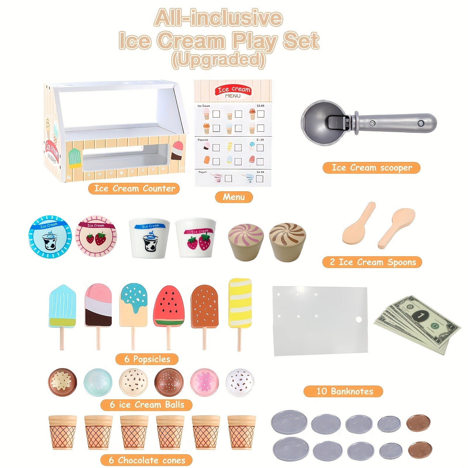 GENAI Ice Cream Counter Playset for Kids Wooden Pretend Play Ice Cream Shop Fun
