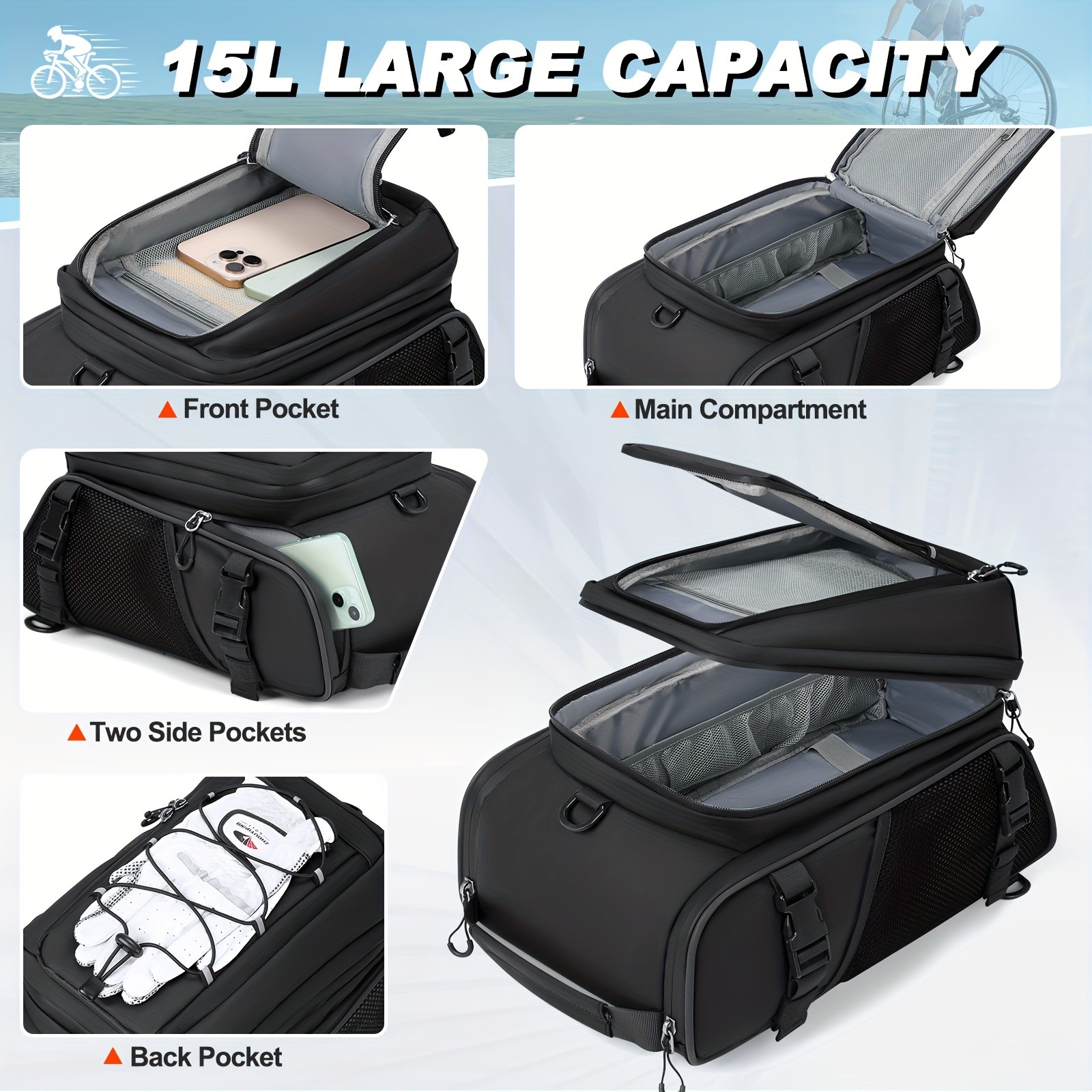 RAINSMORE 4-in-1 Expandable Bike Bag Ultimate 15L Storage for Cycling, Commuting & Outdoor Adventures