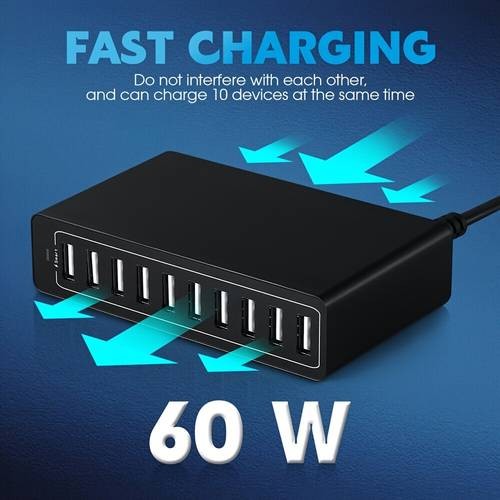 60W Multi-Port 10-Port USB Charger Power Every Device, Anywhere, Anytime