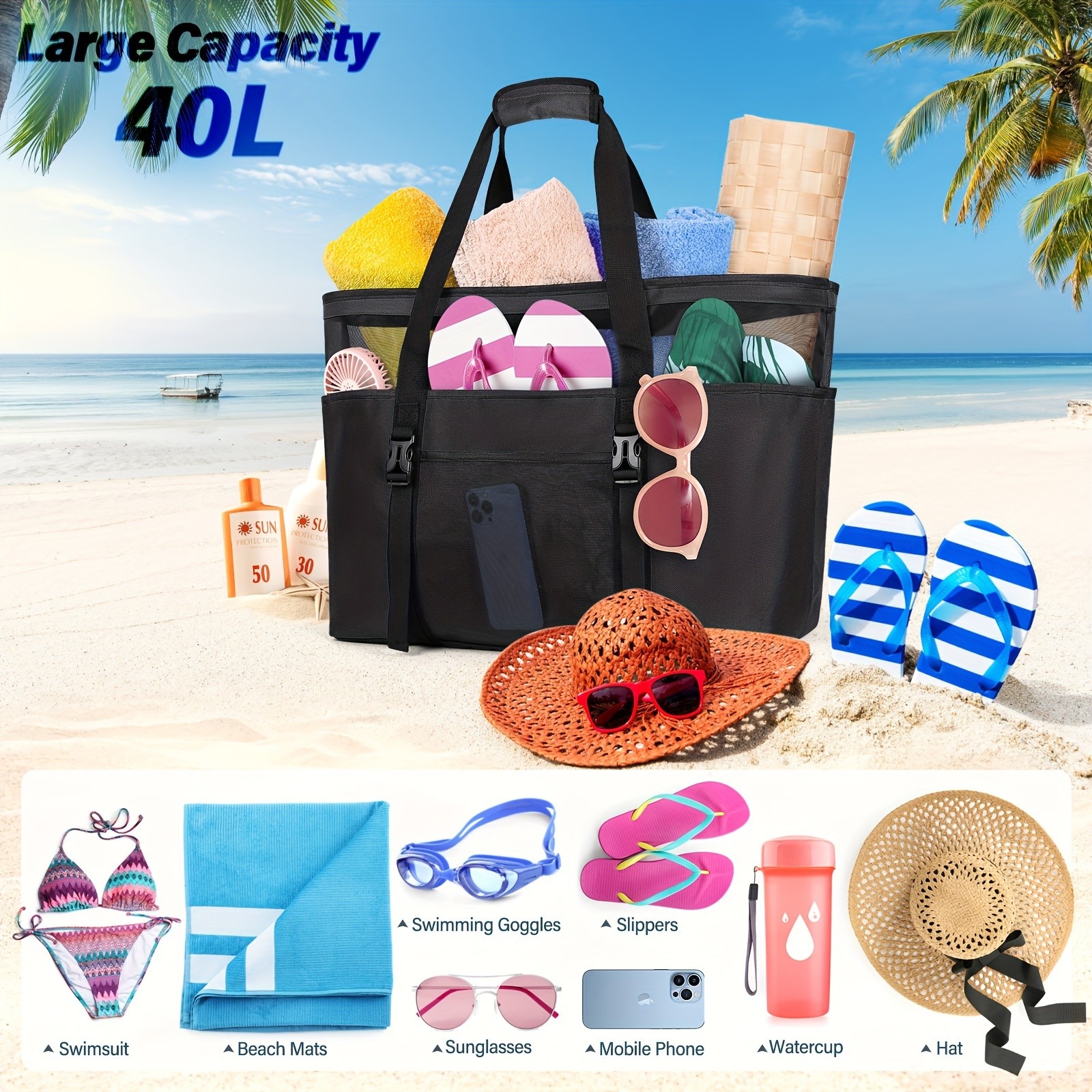 RAINSMORE Large Capacity Beach Tote  Spacious, Durable & Perfect for Family Beach Adventures