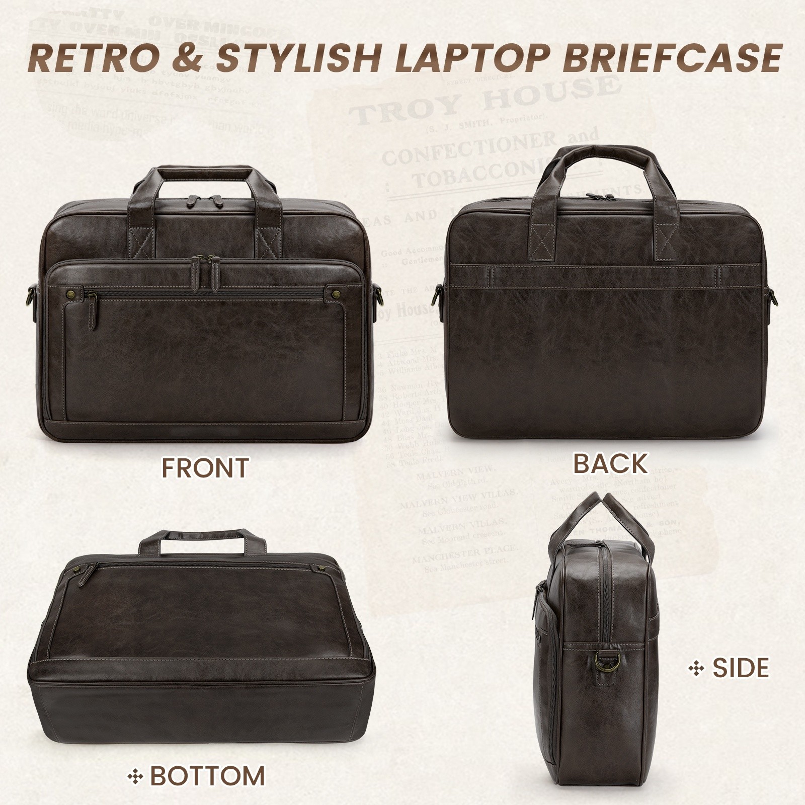 RAINSMORE Mens 16-Inch Laptop Bag Retro PU Leather Briefcase for Work, Business & Travel