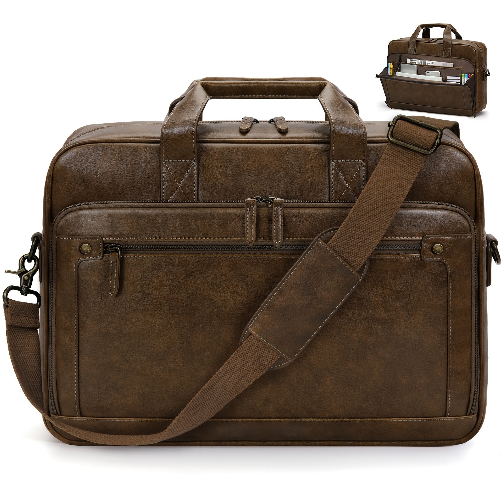 RAINSMORE Mens 16-Inch Laptop Bag Retro PU Leather Briefcase for Work, Business & Travel