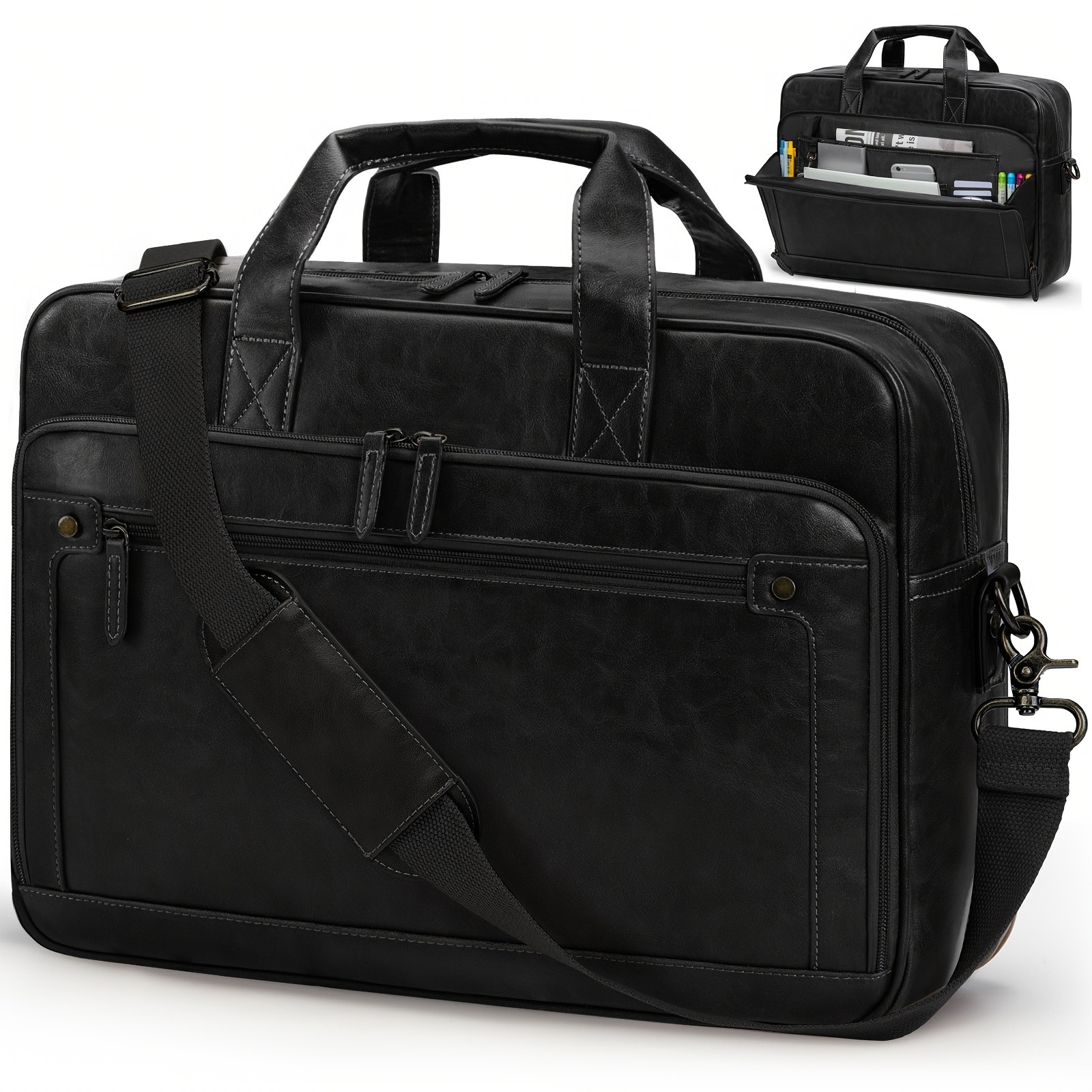 RAINSMORE Mens 16-Inch Laptop Bag Retro PU Leather Briefcase for Work, Business & Travel
