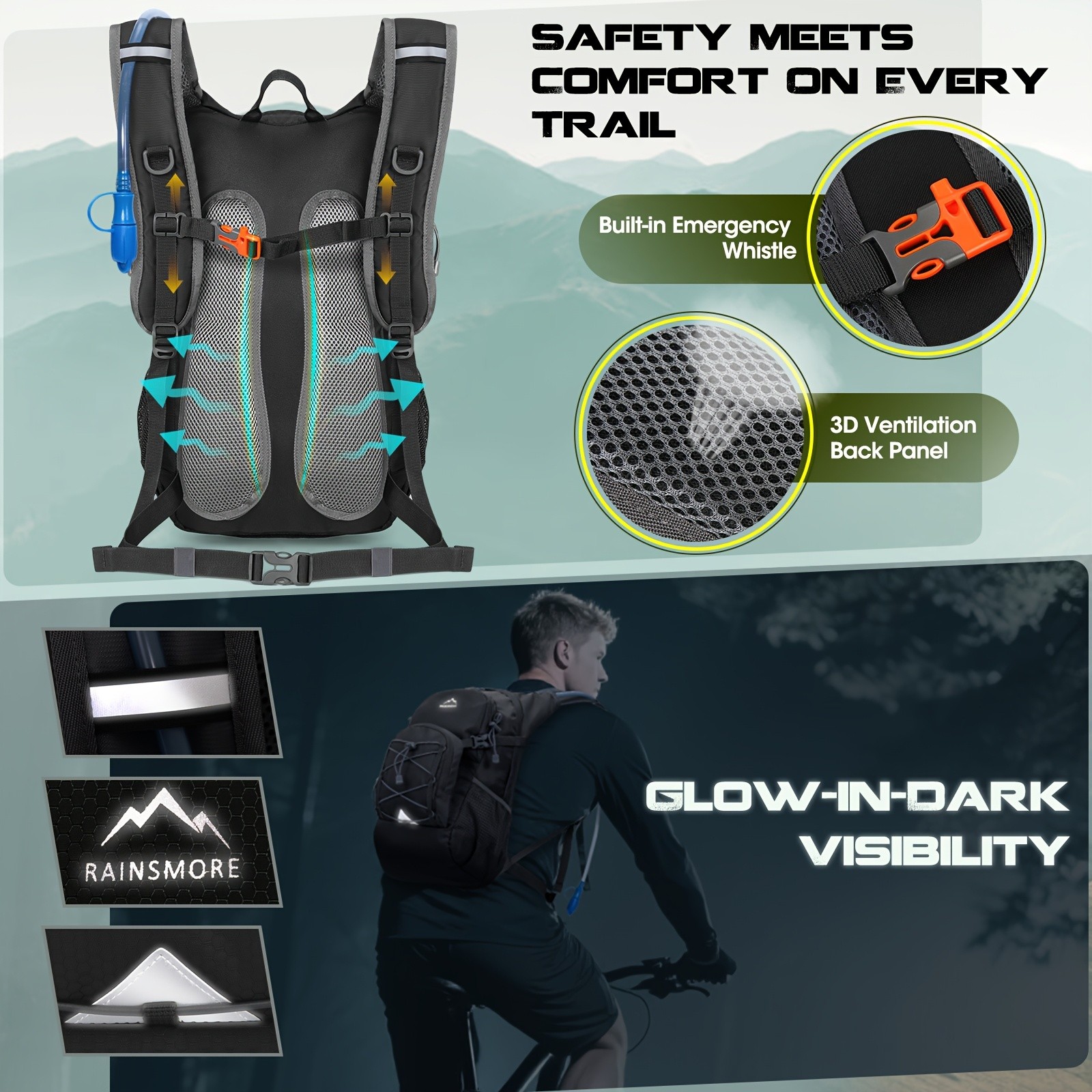 RAINSMORE 2L Water Bottle Backpack  Lightweight Hydration Pack with 2L Water Tank for Outdoor Sports