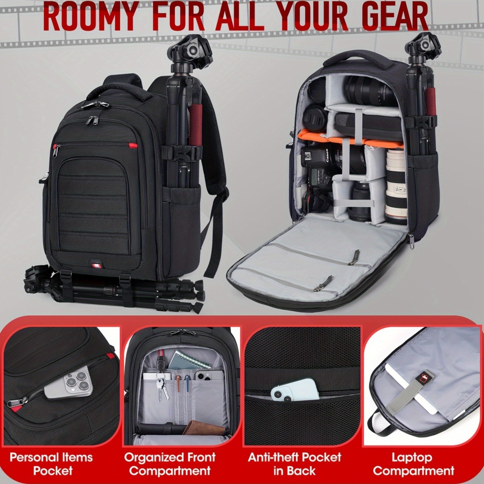 RAINSMORE Camera & Laptop Backpack  Anti-Theft 15.6" Photography Bag with Tripod Holder