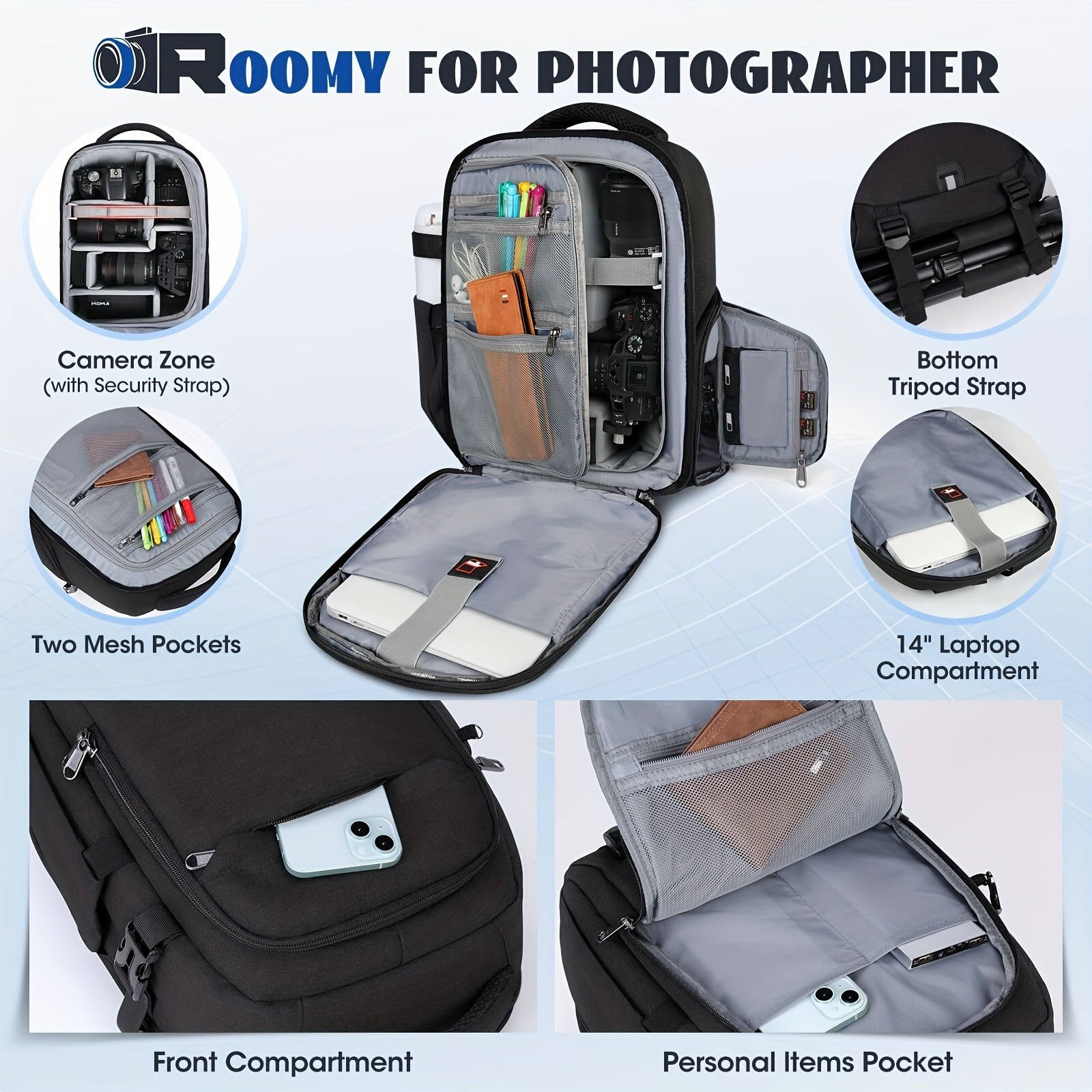 NUBILY Camera Backpack Professional Anti-Theft Travel Bag for DSLR, SLR, Mirrorless & 35.56 cm Laptops
