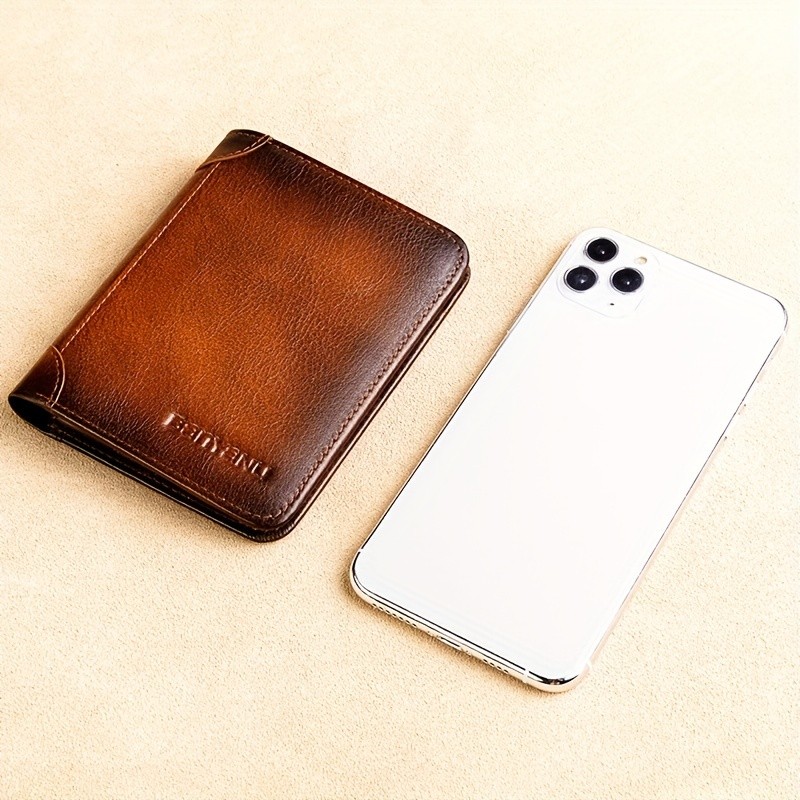 BANYANU Mens Genuine Leather Short Wallet Brown Three-Fold Casual Wallet with Multi-Card Holder & Anti-Theft Protection