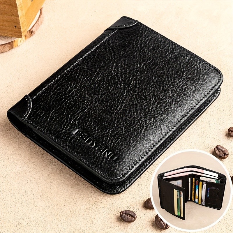 BANYANU Mens Genuine Leather Short Wallet Brown Three-Fold Casual Wallet with Multi-Card Holder & Anti-Theft Protection