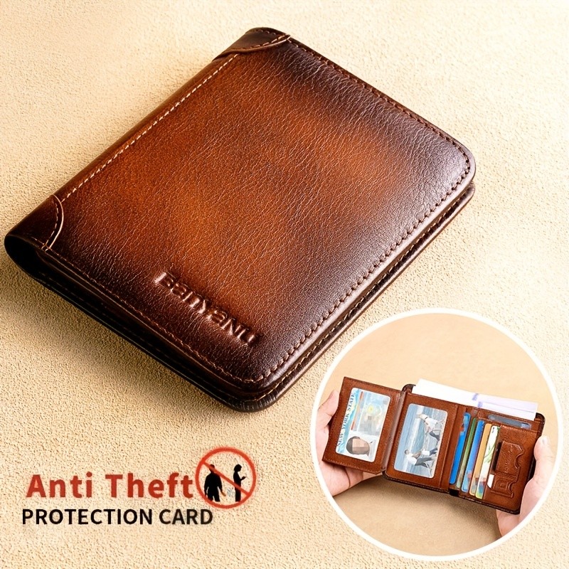 BANYANU Mens Genuine Leather Short Wallet Brown Three-Fold Casual Wallet with Multi-Card Holder & Anti-Theft Protection