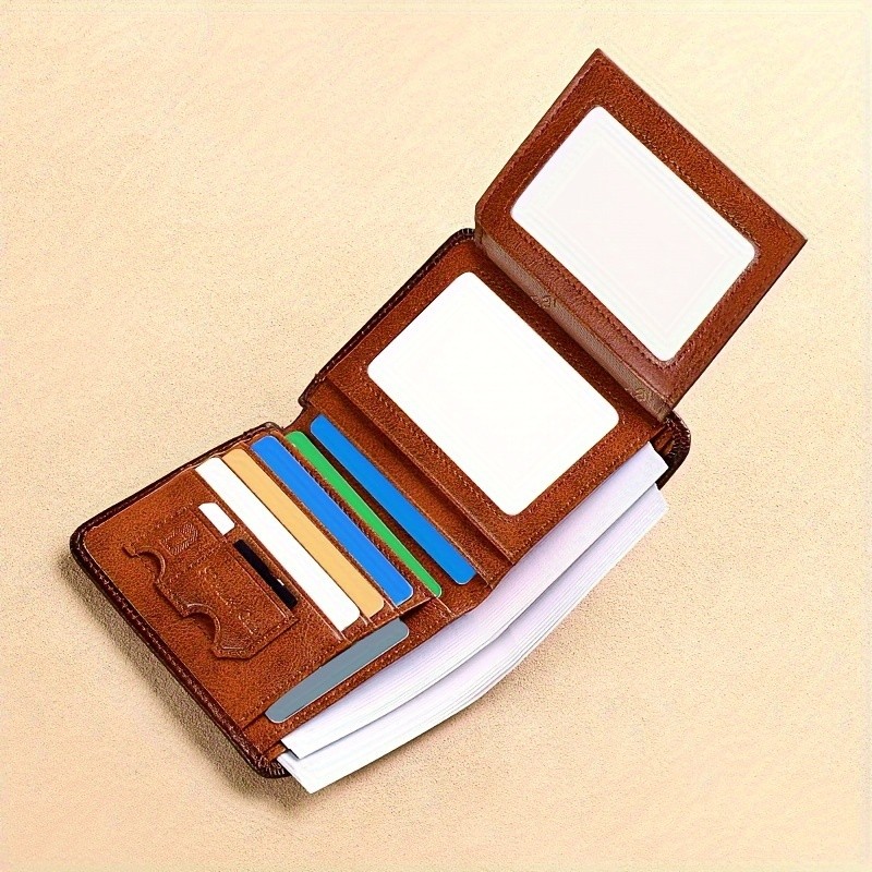 BANYANU Mens Genuine Leather Short Wallet Brown Three-Fold Casual Wallet with Multi-Card Holder & Anti-Theft Protection