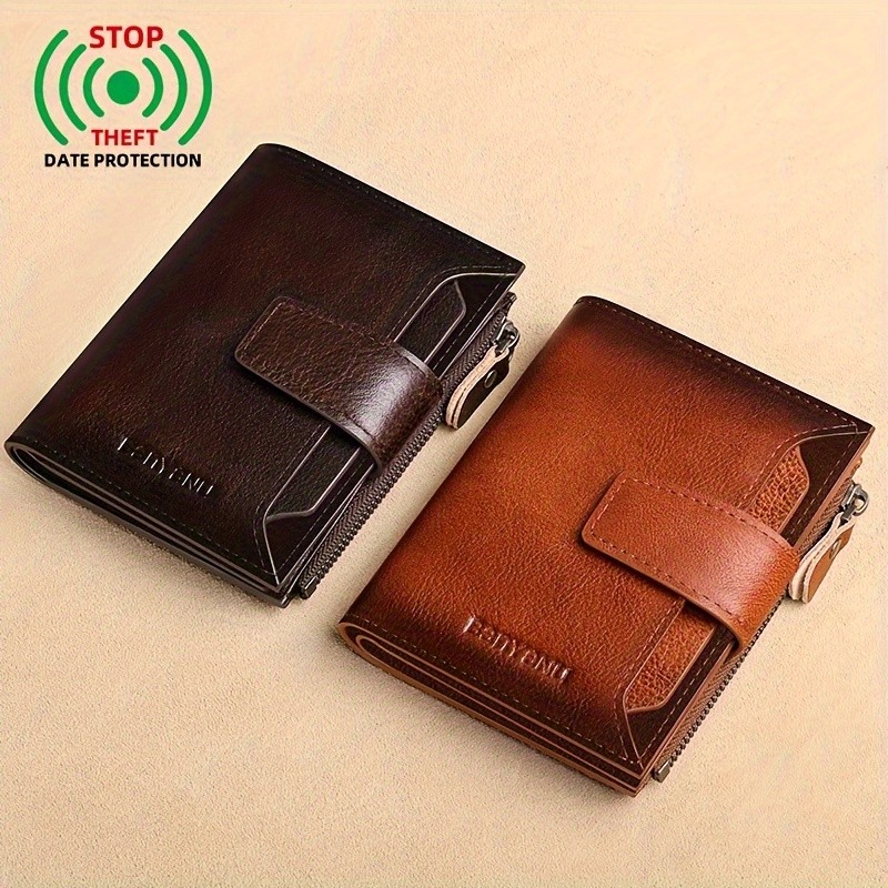 BANYANU Mens Genuine Leather Wallet Slim Vertical RFID-Blocking Wallet with Zipper Closure & Multi-Card Storage
