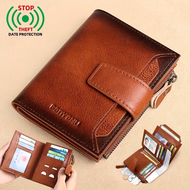 BANYANU Mens Genuine Leather Wallet Slim Vertical RFID-Blocking Wallet with Zipper Closure & Multi-Card Storage