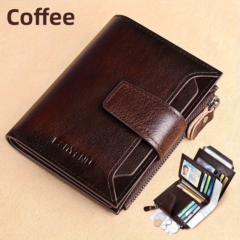 BANYANU Mens Genuine Leather Wallet Slim Vertical RFID-Blocking Wallet with Zipper Closure & Multi-Card Storage