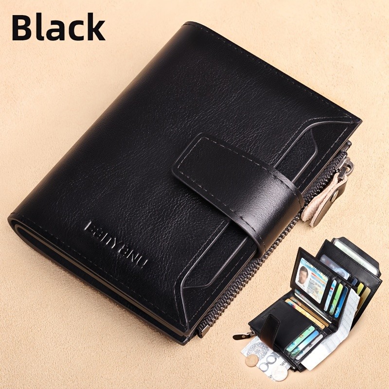 BANYANU Mens Genuine Leather Wallet Slim Vertical RFID-Blocking Wallet with Zipper Closure & Multi-Card Storage