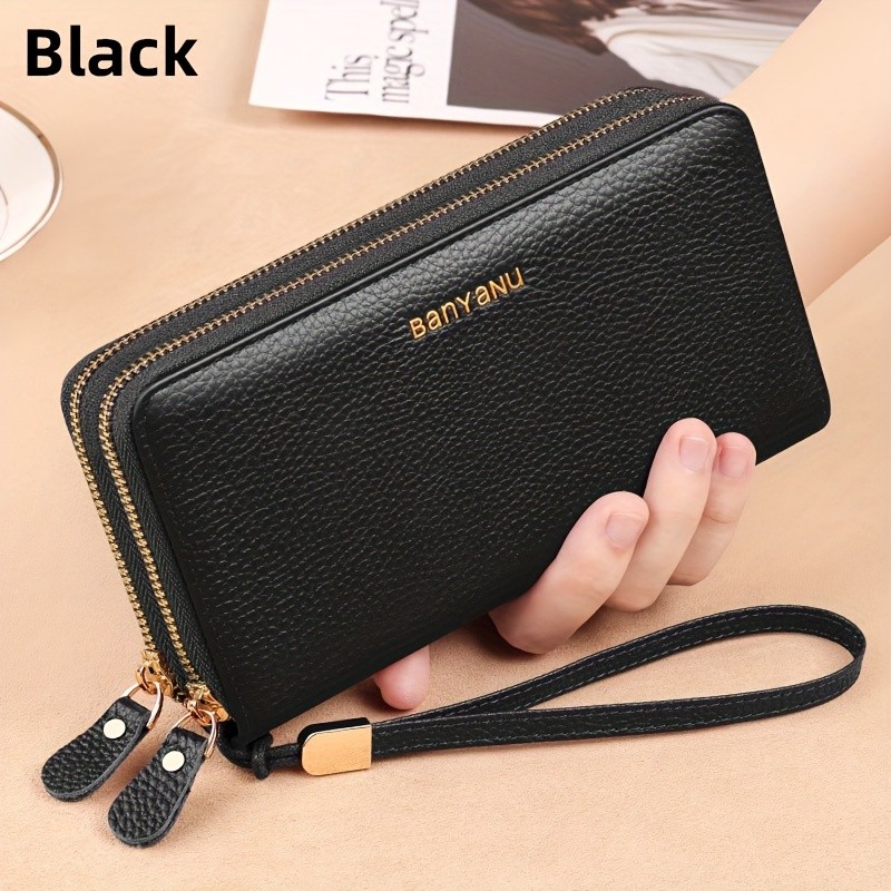 BANYANU Womens Elegant Genuine Leather Wallet with Wristlet Large Capacity RFID-Blocking Double-Zip Clutch (Guangzhou Edition)