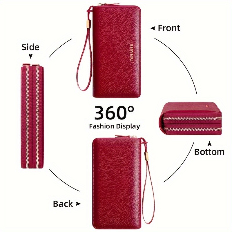 BANYANU Womens Elegant Genuine Leather Wallet with Wristlet  Large Capacity RFID-Blocking Double-Zip Clutch (Guangzhou Edition)