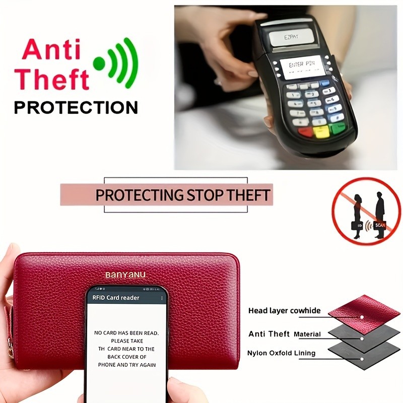 BANYANU Womens Elegant Genuine Leather Wallet with Wristlet Large Capacity RFID-Blocking Double-Zip Clutch (Guangzhou Edition)
