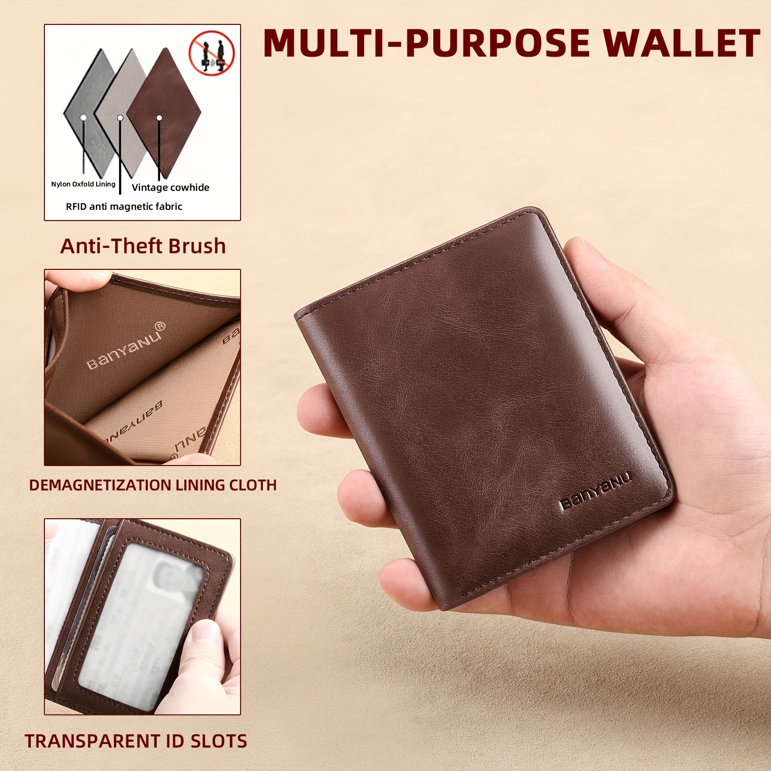 BANYANU Vintage Genuine Leather Mens Wallet Slim Top-Layer Cowhide with Multi-Card Holder & Secure Snap Closure