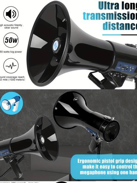 BS 50W Portable USB Loudspeaker & Megaphone Powerful Sound, Detachable Mic & Recording Playback for Any Event