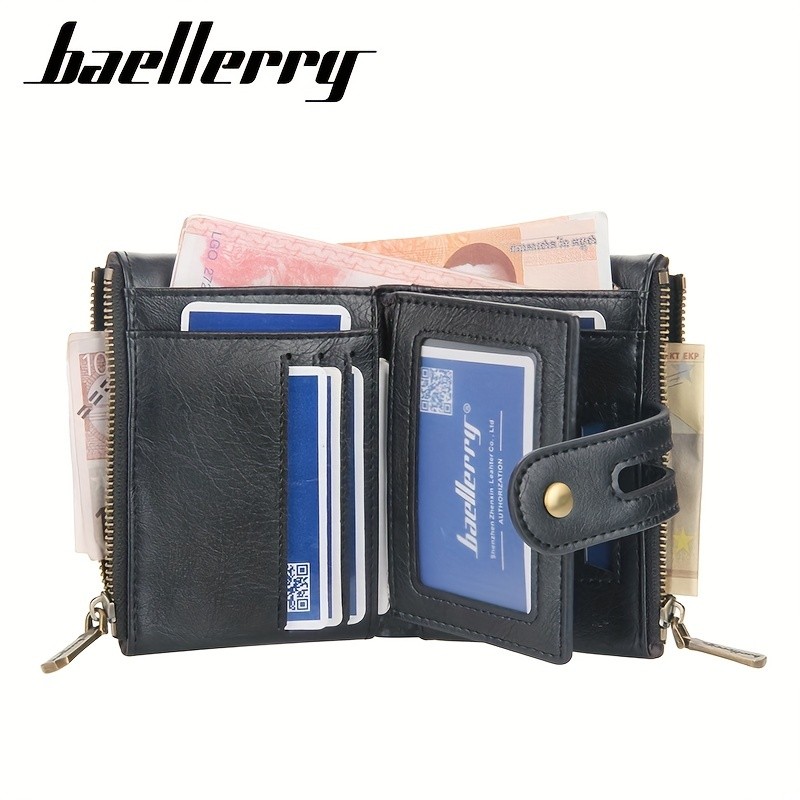 BAELLERRY Mens Business Retro Short Wallet Faux Leather Multi-Card Double-Pull Bank Card Holder