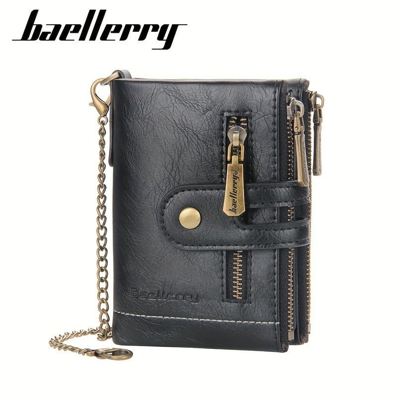 BAELLERRY Mens Business Retro Short Wallet Faux Leather Multi-Card Double-Pull Bank Card Holder