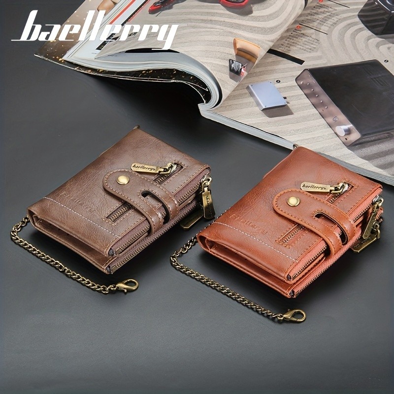 BAELLERRY Mens Business Retro Short Wallet Faux Leather Multi-Card Double-Pull Bank Card Holder