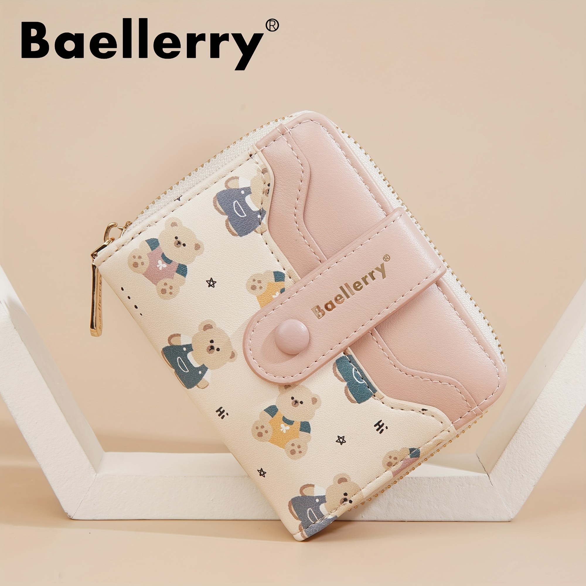 BAELLERRY Mini Womens Wallet Short Bear Cartoon Print Wallet with Button Closure, Card Slots & Zipper Coin Purse