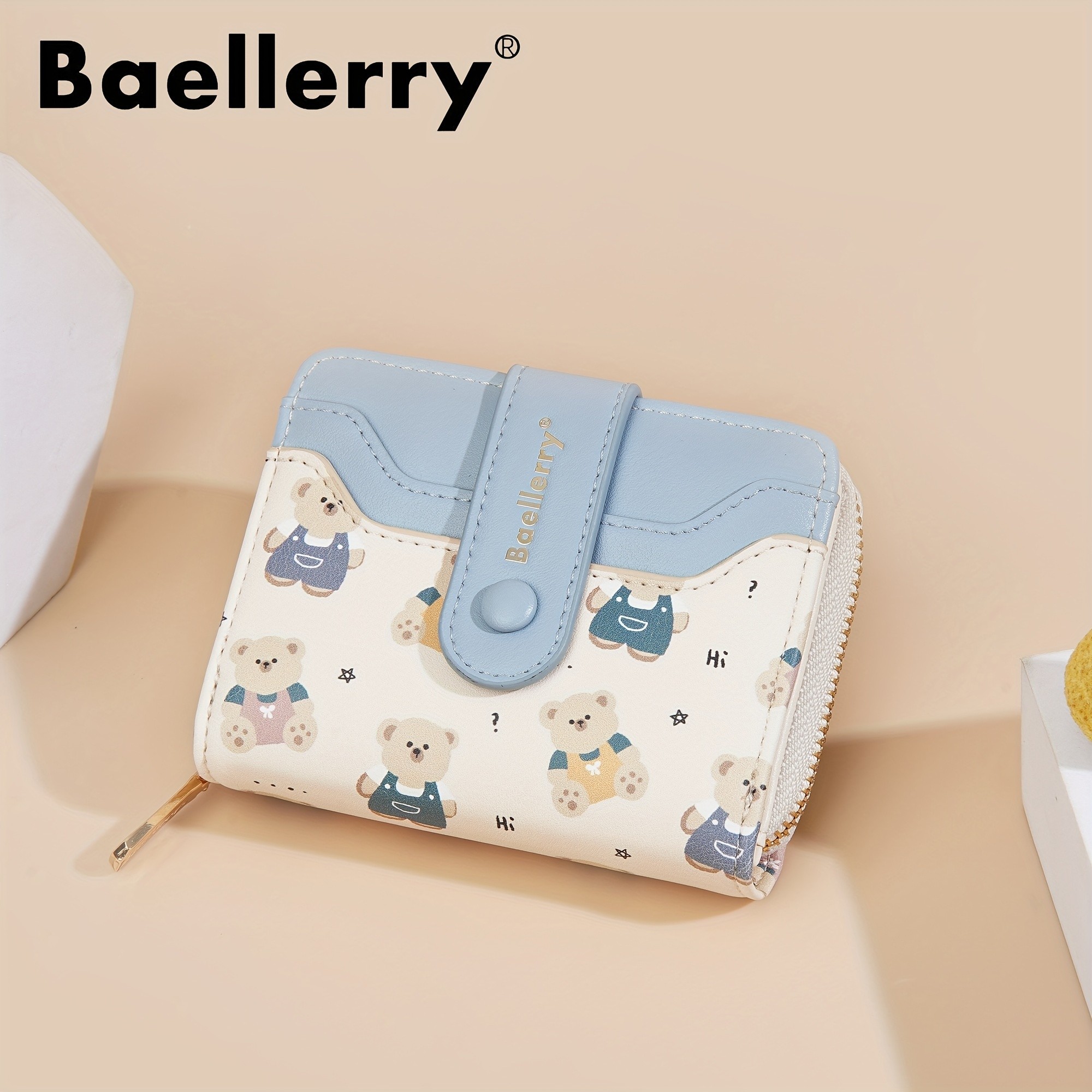 BAELLERRY Mini Womens Wallet Short Bear Cartoon Print Wallet with Button Closure, Card Slots & Zipper Coin Purse