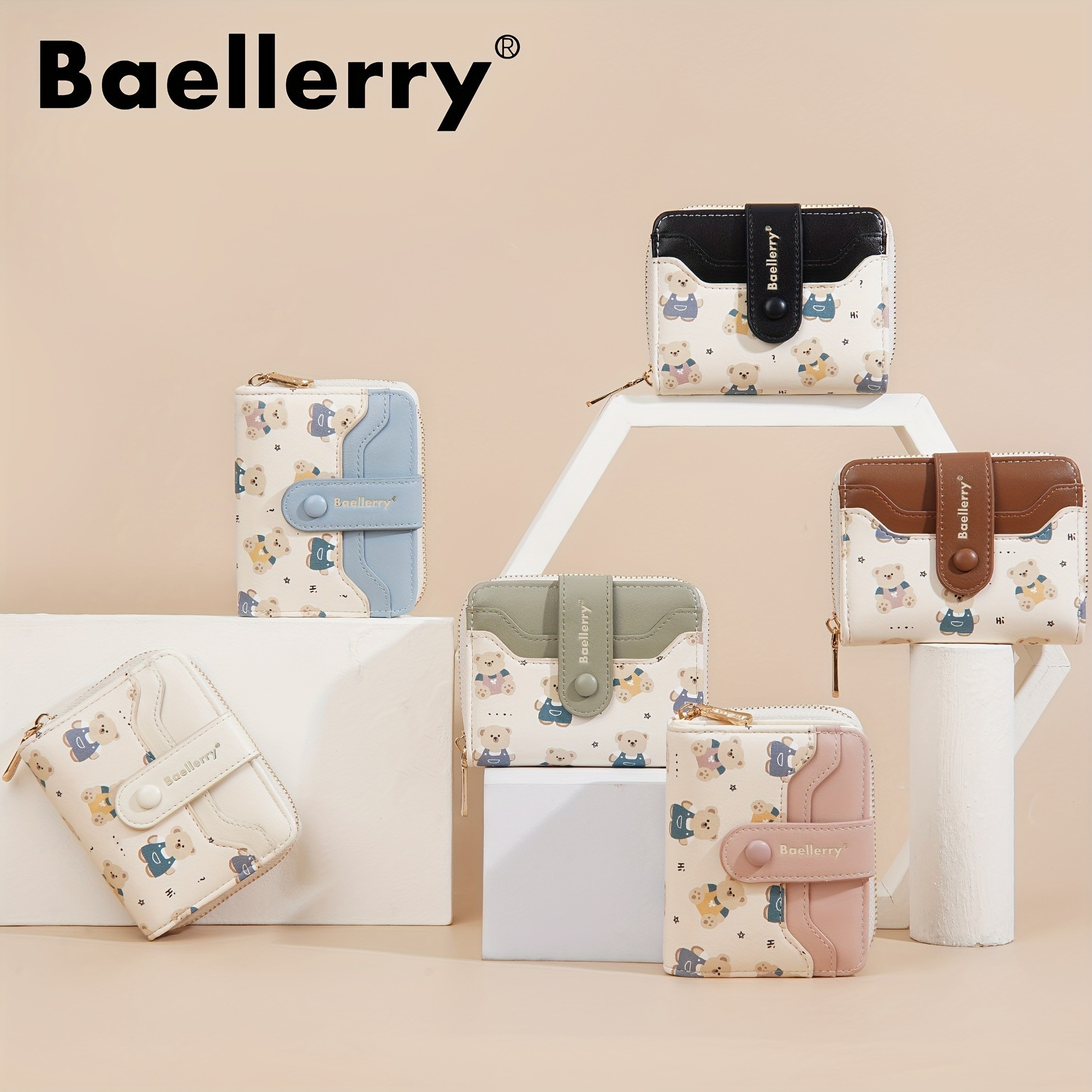 BAELLERRY Mini Womens Wallet Short Bear Cartoon Print Wallet with Button Closure, Card Slots & Zipper Coin Purse