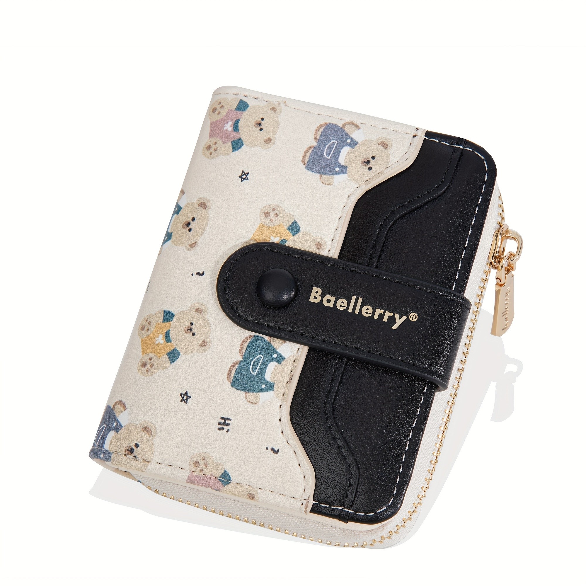 BAELLERRY Mini Womens Wallet Short Bear Cartoon Print Wallet with Button Closure, Card Slots & Zipper Coin Purse