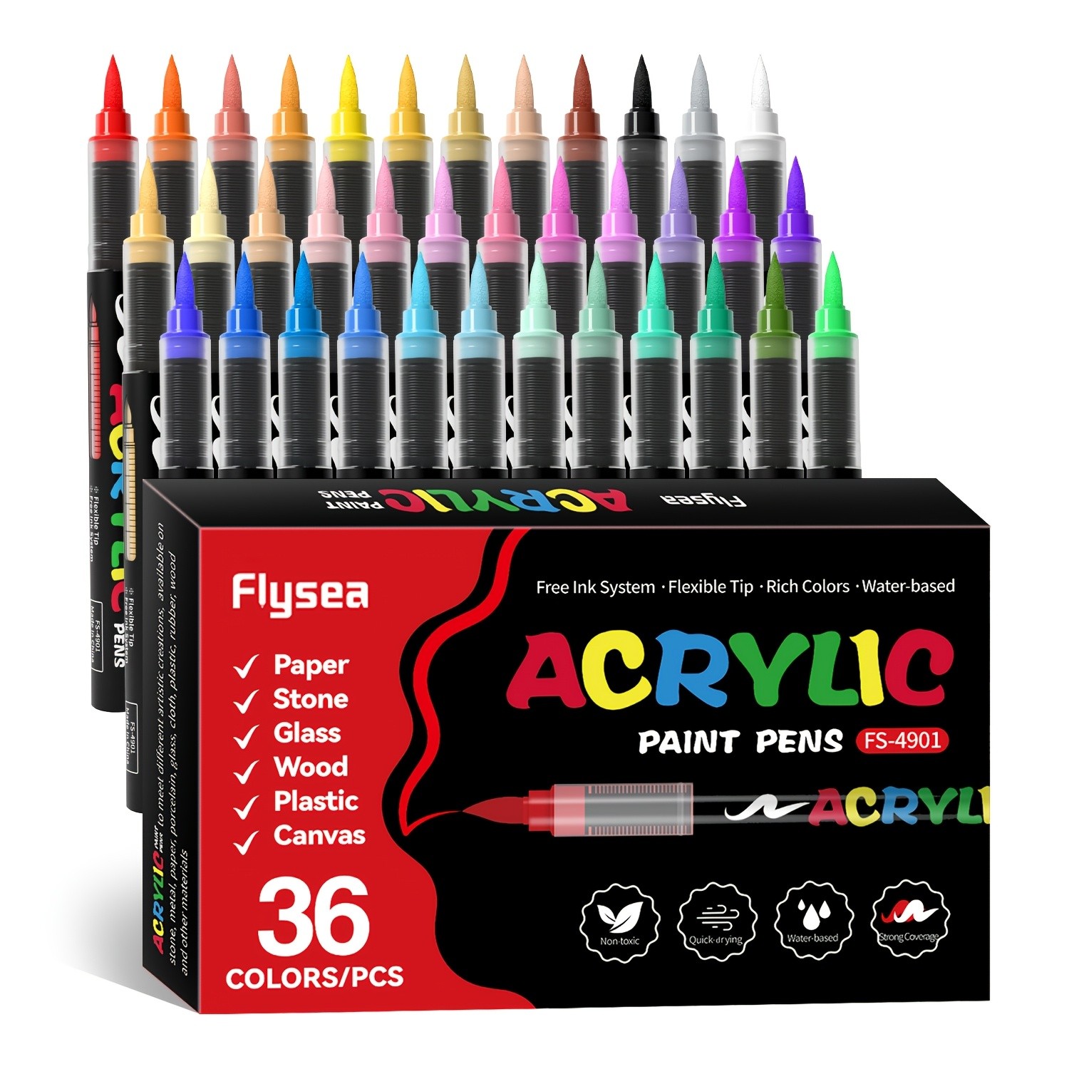 FLYSEA Acrylic Paint Marker Set 12 / 24 / 36 Vibrant Non-Toxic Stackable Markers for Multi-Surface Art
