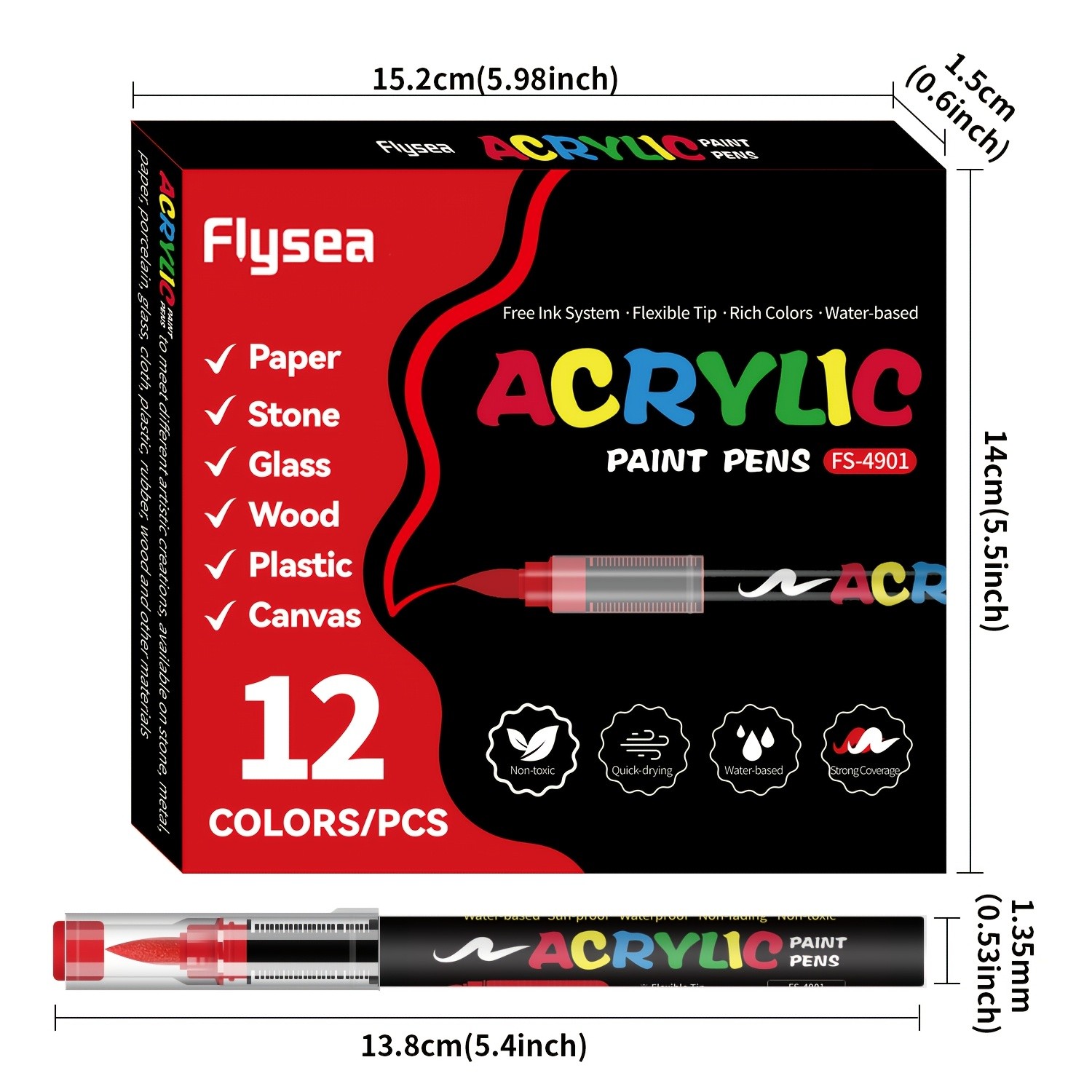 FLYSEA Acrylic Paint Marker Set 12 / 24 / 36 Vibrant Non-Toxic Stackable Markers for Multi-Surface Art