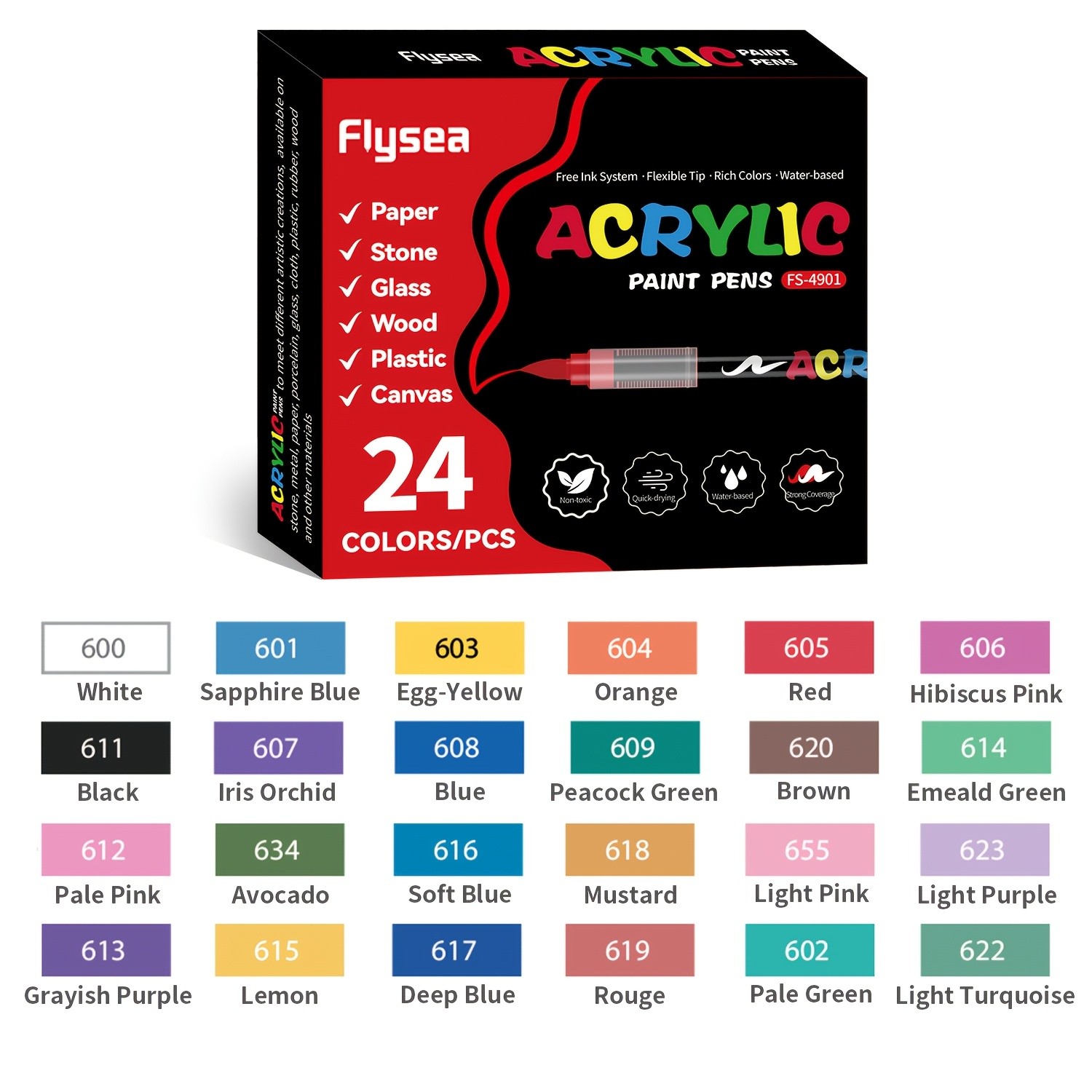 FLYSEA Acrylic Paint Marker Set 12 / 24 / 36 Vibrant Non-Toxic Stackable Markers for Multi-Surface Art