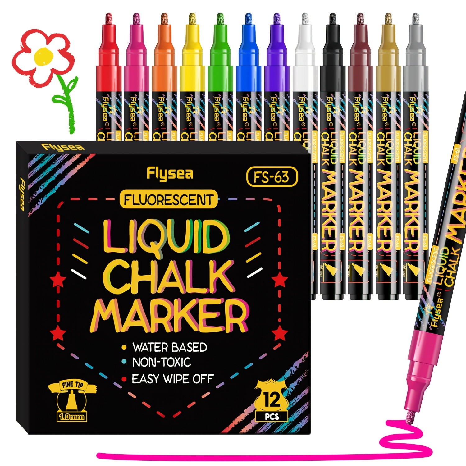 FLYSEA 8pcs / 12pcs Neon Chalk Markers Erasable Liquid Chalk Pens for Professional Art & Non-Porous Surfaces