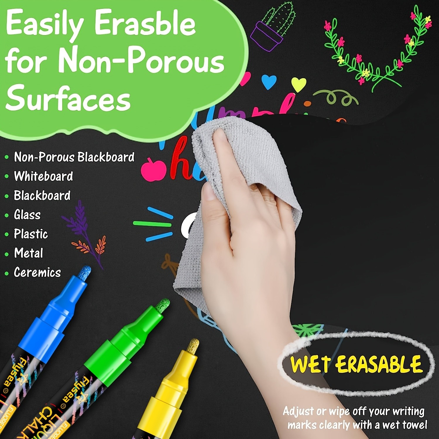 FLYSEA 8pcs / 12pcs Neon Chalk Markers Erasable Liquid Chalk Pens for Professional Art & Non-Porous Surfaces