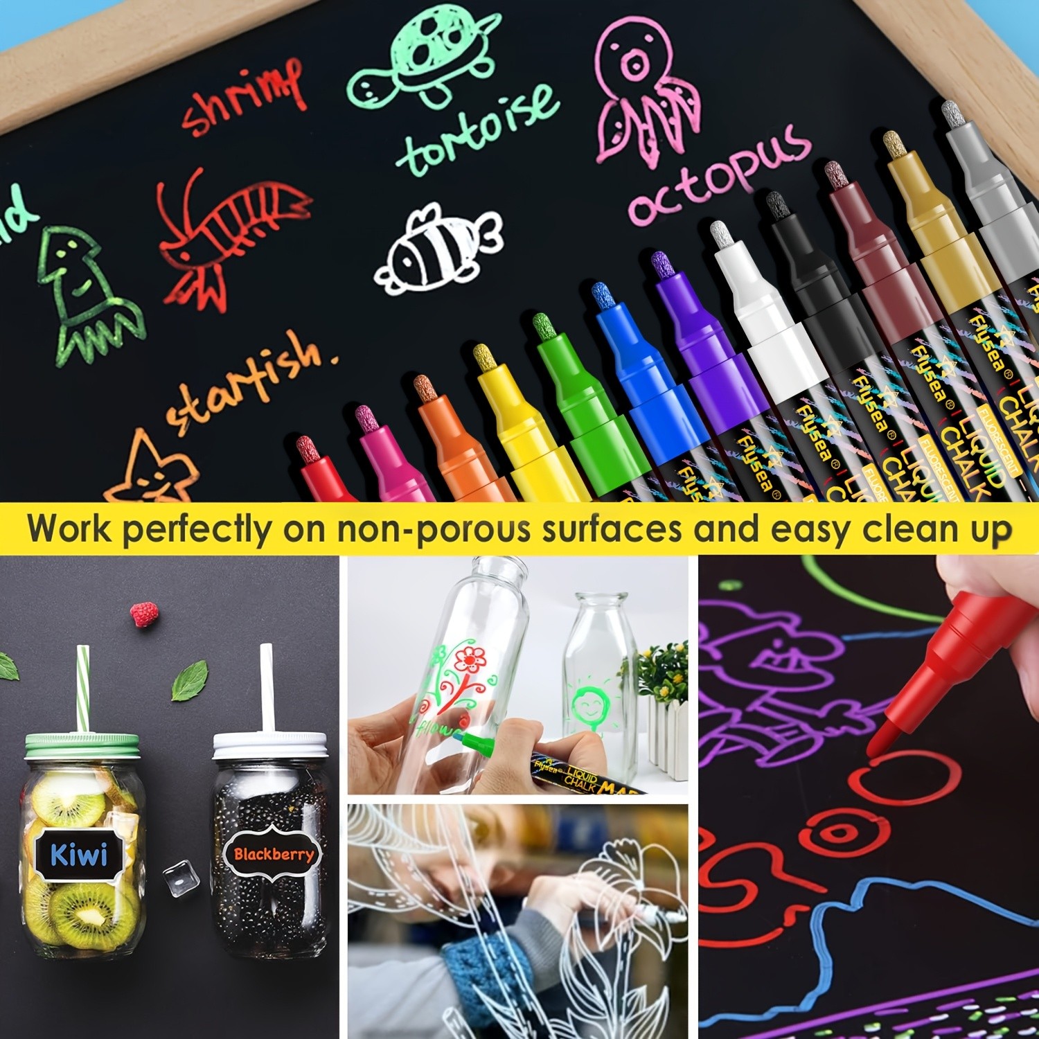 FLYSEA 8pcs / 12pcs Neon Chalk Markers Erasable Liquid Chalk Pens for Professional Art & Non-Porous Surfaces