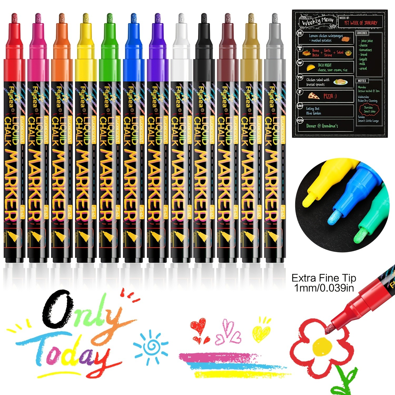 FLYSEA 12pcs Neon Chalk Markers 0.1cm Extra-Fine Tip, Water-Based, Washable & Non-Toxic Liquid Chalk Pens